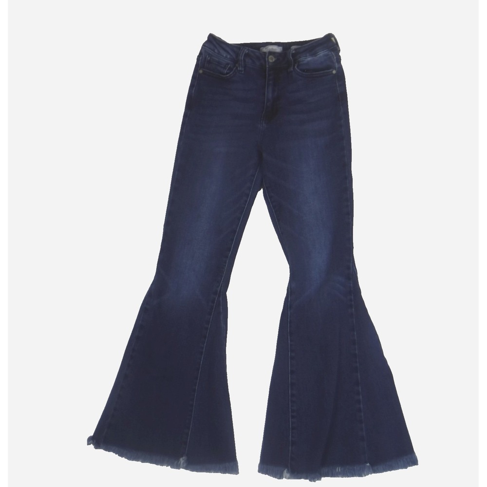 KanCan Signature Ultra High Rise Super Flare Jeans Dark Wash Raw Hem 25 VBK1825S